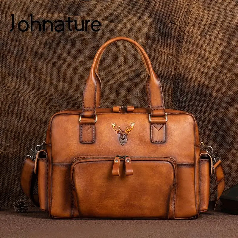 Johnature Genuine Leather Men Travel Bag Vintage Multifunctional Large Capacity Weekend Luggage Bag Real Cowhide Duffle Bags