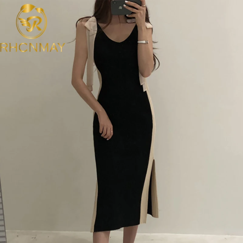 

Summer New Temperament V-neck Strapless Bowknot Is Cultivate One's Morality In A Condole Belt Render Knitting Bag Hip Dress