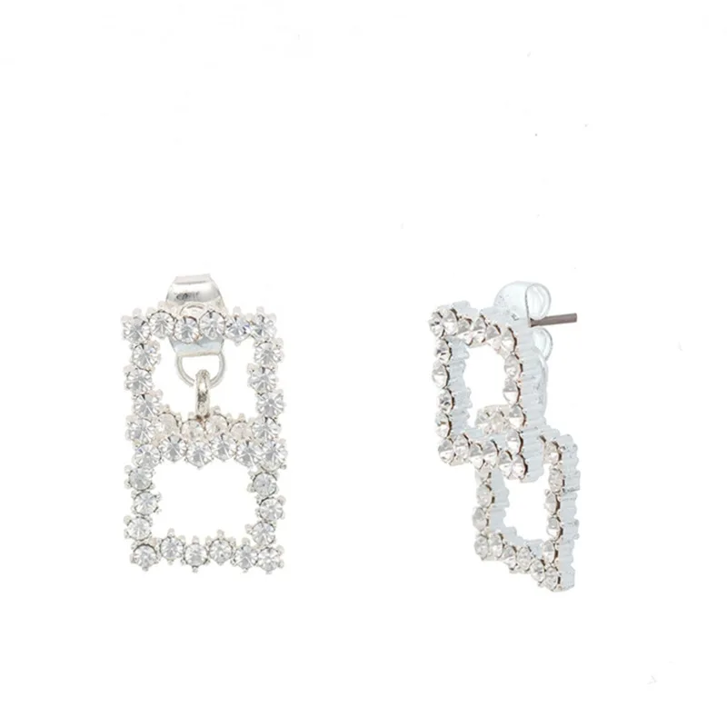 2021 new popular 925 silver needle Korean geometric diamond inlaid hollow box Earrings cold wind fashion personalized | Серьги