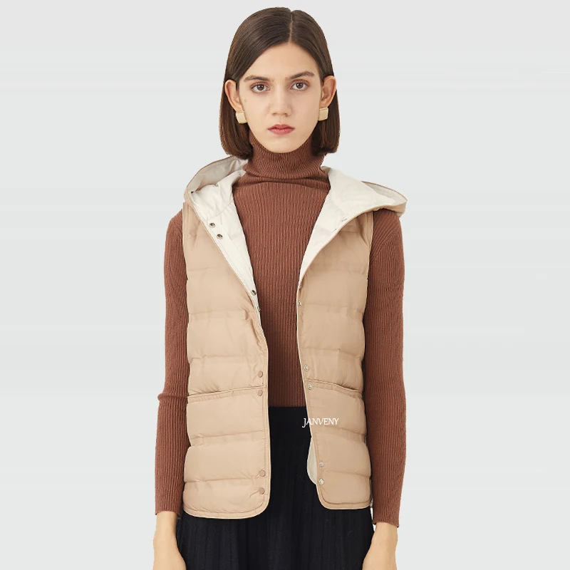 Женский пуховой жилет ультрасветильник с капюшоном карманами бесшовный