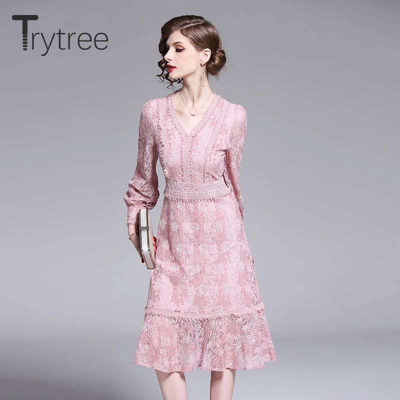 Trytree/2019 осеннее женское Повседневное платье с высокой талией v образным вырезом и