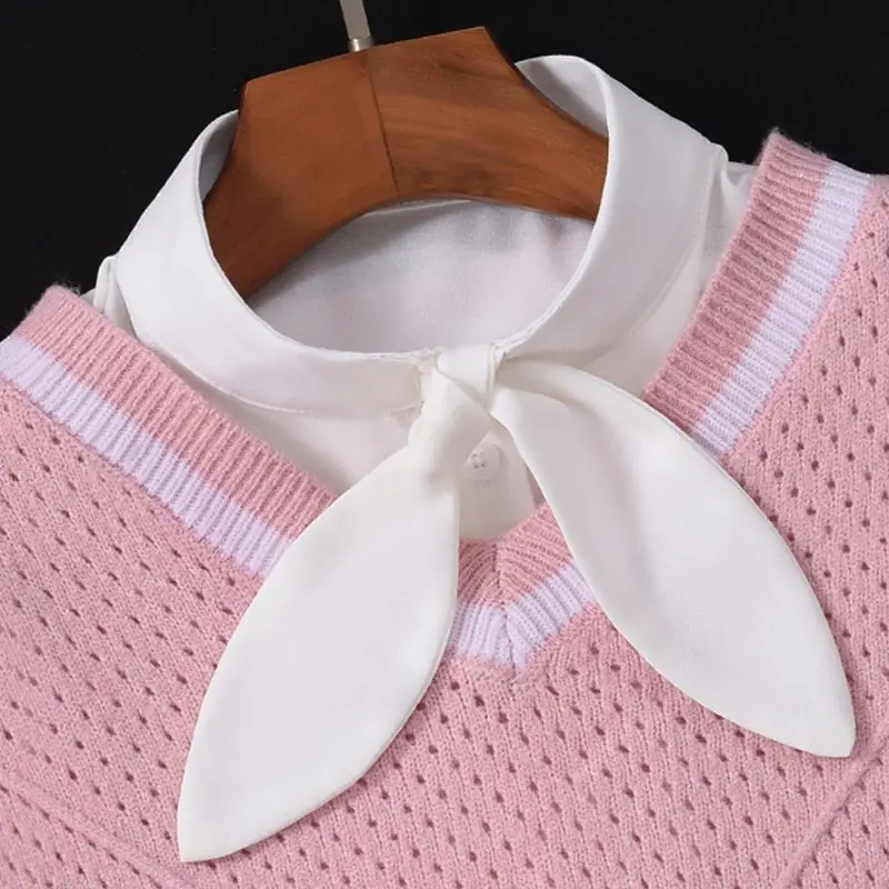 

Women Sweet Rabbit Ear Bowknot Fake Collar Chiffon Dectachable Half-Shirt Blouse L4ME