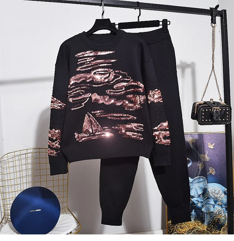 

Spring Autumn Female Rhinestone Sequin Black Knitted Sweater Long Pants Women Two Piece Set Outfits Loose Knitting Suit 2pc