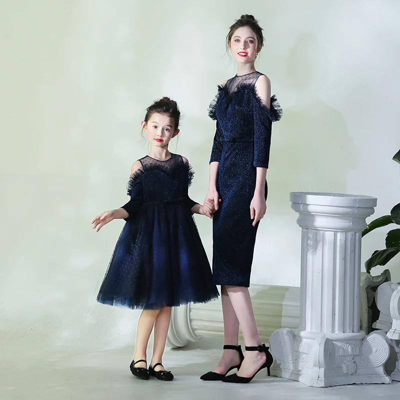 Платье для матери и ребенка FB159 вечерние платья с блестящими пайетками круглым