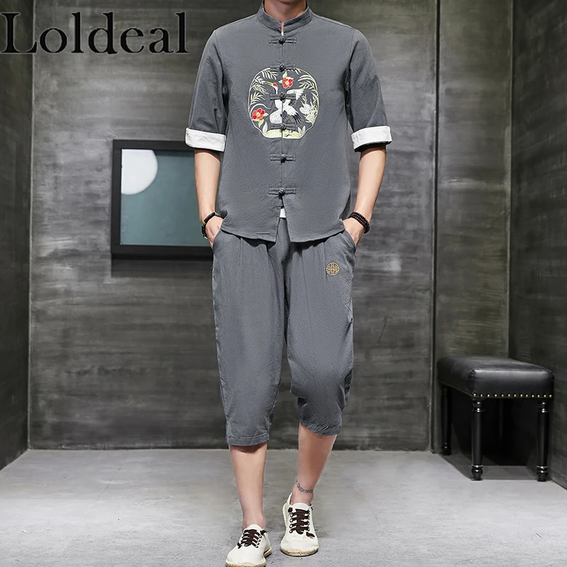 

Loldeal Chinese Style Short-sleeved Shirt + Seven-point Pants Two-piece Cotton and Linen Slim Stand Collar Embroidery Hanfu Set