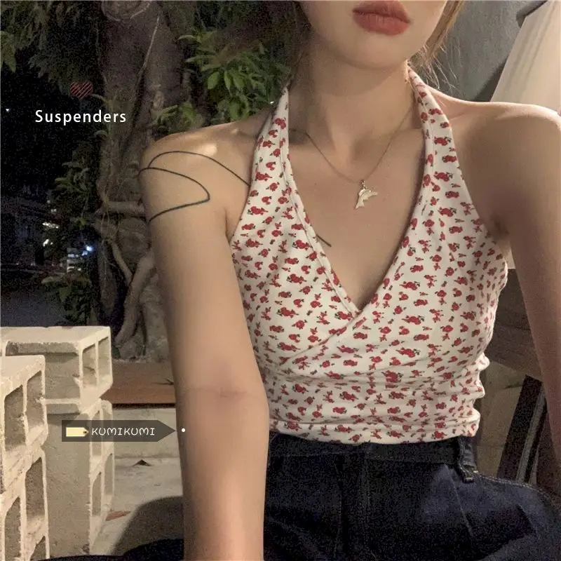 

Sexy V-neck Camisole Halter Tanks Camis Women Floral Summer Outerwear Crop Top Vest Sleeveless Backless Skinny Female Clothing
