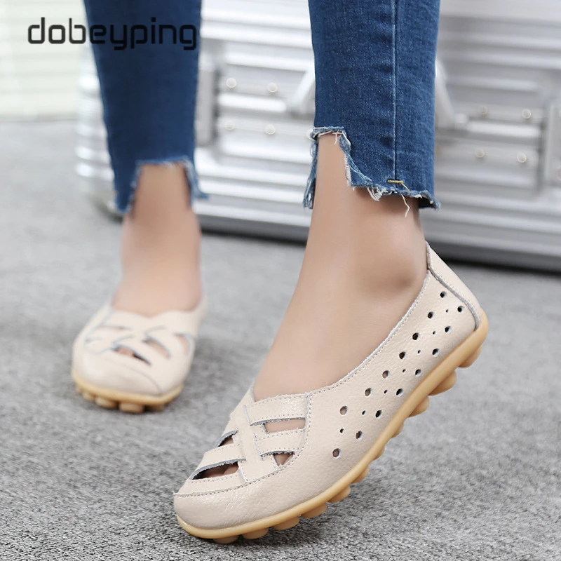 

New Breathable Hollow Summer Women's Loafers Genuine Leather Woman Walking Flats Shoe Soft Ballet Female Shoes Large Size 35-44