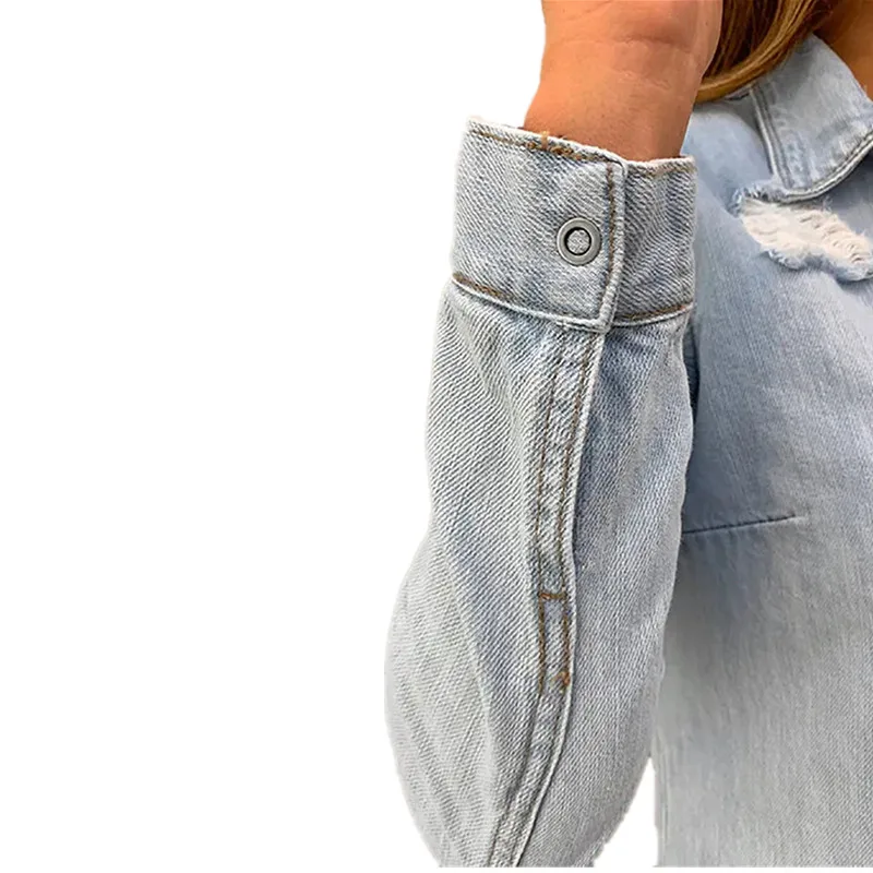 

Women's Long Sleeves Making Old Holes Jackets Top Blue Coats 2019 Autumn Winter Casual Mont Lapel Button Hole Denim Blue Jackets