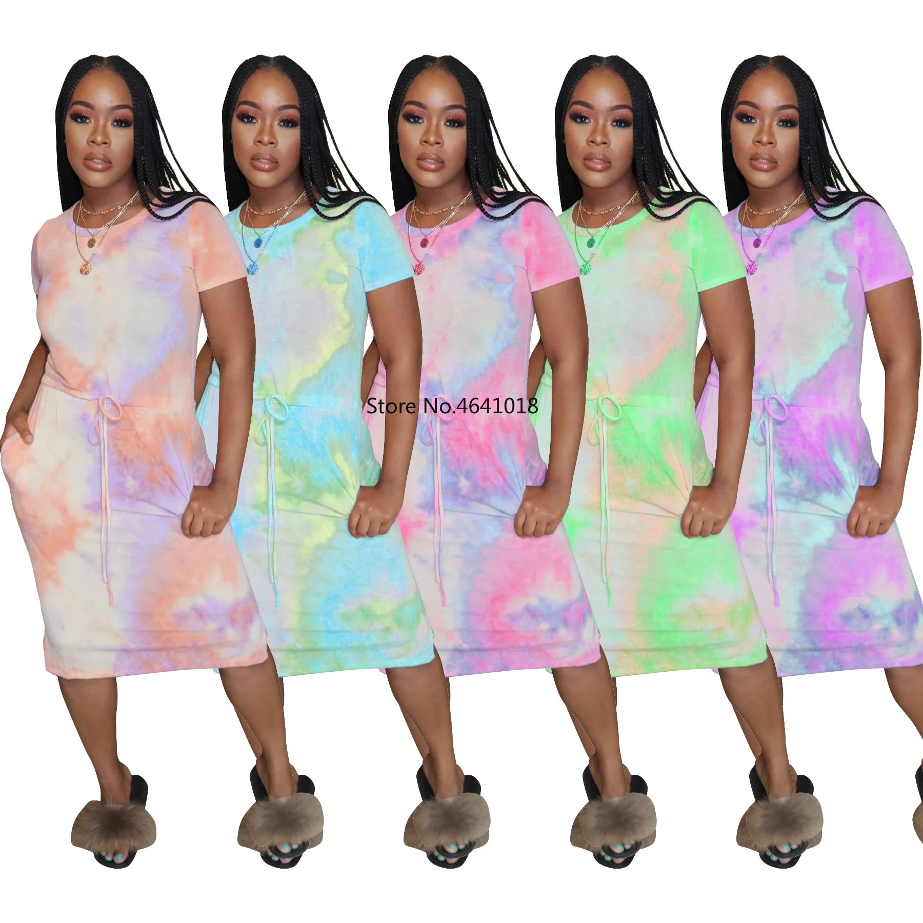 Летнее повседневное женское платье с коротким рукавом принтом в виде галстука