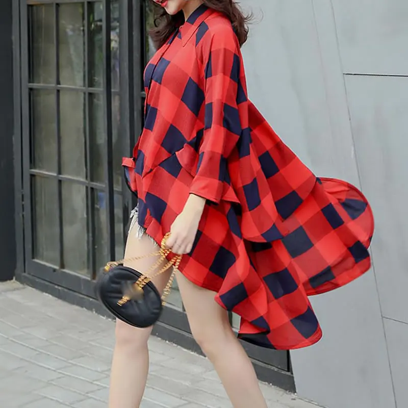 

XITAO Asymmetrical Plaid Shirt Women Loose Tide Fashion New Korean Style Turn Down Collar Long Sleeve Elegant Slim Button ZY5351