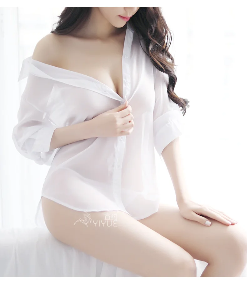 

2020 New Fashion Women Girls Sexy Shirt perspective Long sleeve Underwear Imitation Ice Silk Sleepwear Set Lady Nightgowns