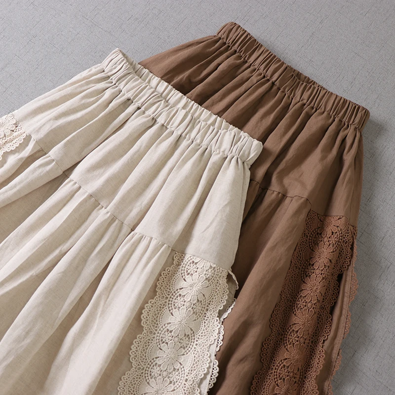 

Japan Style Mori Girl Lace Patchwork Linen Skirt Literature Embroidery Double inner lining A-line Skirt Spring New