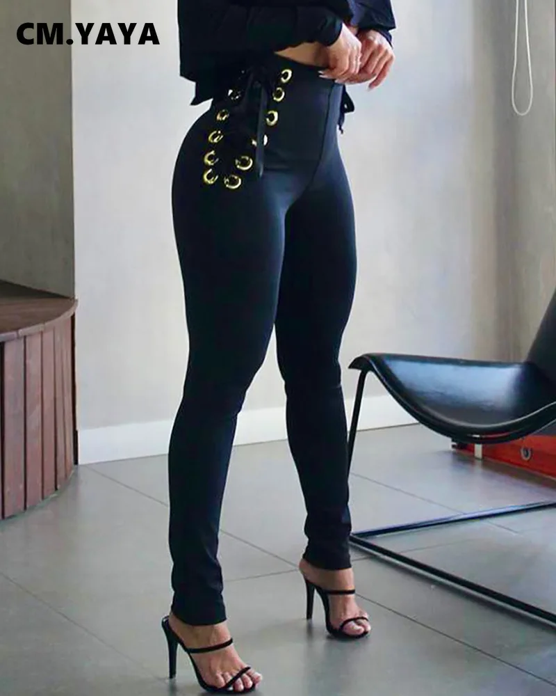 

CM.YAYA Women High Waist Fitness Lace Up Side Pencil Trousers Streetwear Elegant INS Skinny Elestic Active Legging Pants