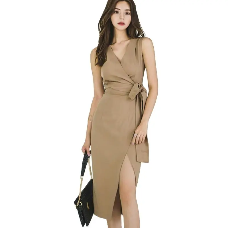 

Summer Dresses Khaki Vneck Sleeveless Women Dress 2018 Office Lady Elegant Sashes Bodycon Sexy Party Asymmetrical Midi Sundress