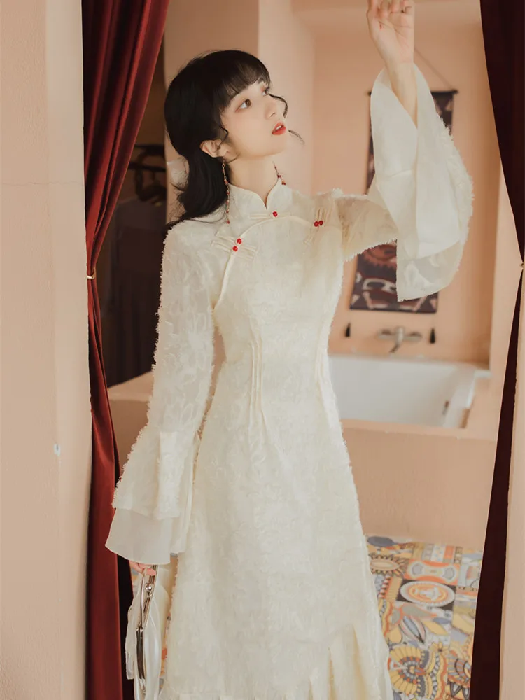 

European style palace retro cheongsam slim waist flared sleeve dress super fairy fish tail dresses