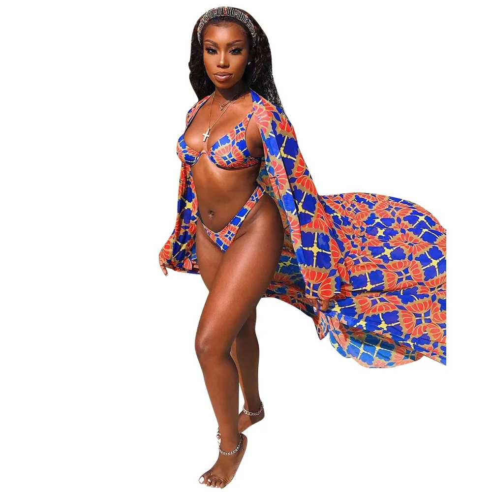 

European And American Sexy Women Swimsuit Three Piece Beach Robe Briefs Bikini Three Piece 2021 Summer New Swimsuit Set