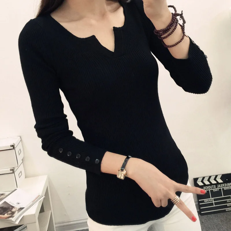 2020 New Winter Women Knitted Tops Low Cut O-Neck Slim Full Sleeves Button Pullovers Solid Sweater Female | Женская одежда