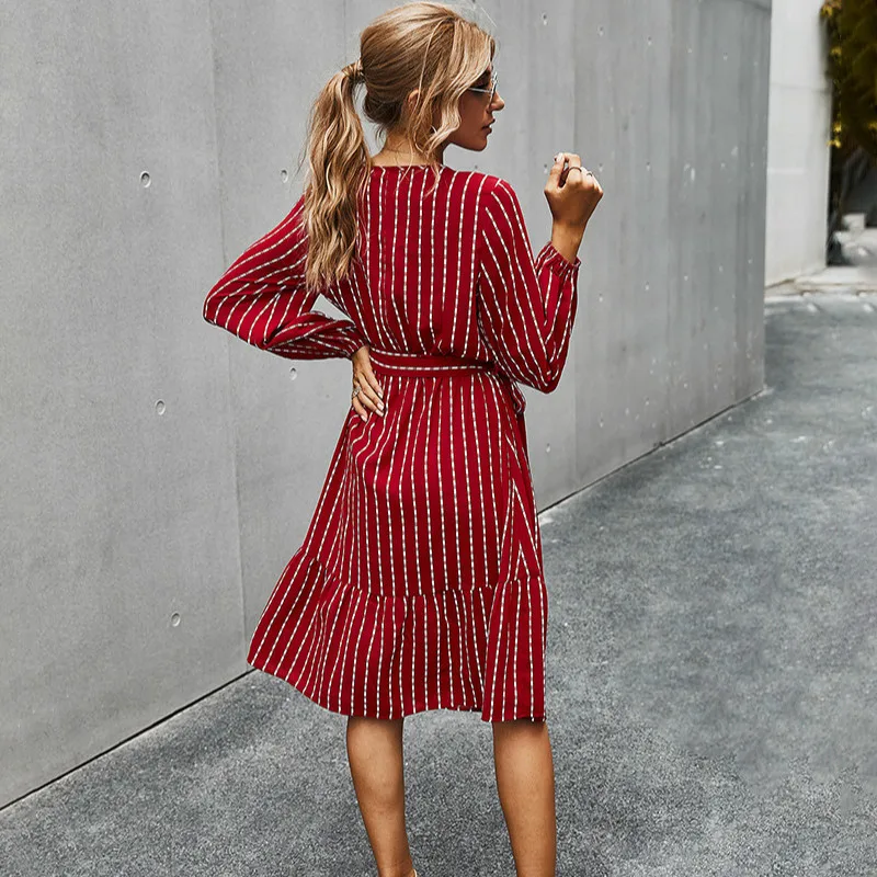 

FORERUN Women Spring Striped Dresses V Neck Sashes Ruffle Lantern Long Sleeve Midi Vestidos 2021