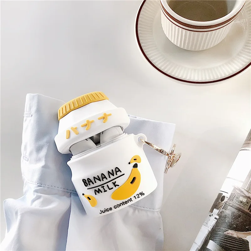 

Cute Fruits Milk Bottle Earphone Case Silicone Kawaii Peach Bottle Wireless Bluetooth Protective Cover Keychain For Airpods 1 2