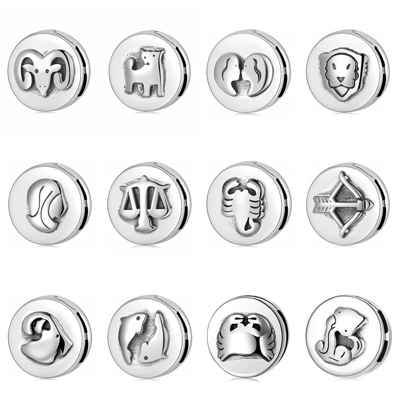 

Original 925 Sterling Silver 12 Zodiac Constellation Round Clip Beads fits Reflection Charm Bracelet Women Jewelry Making