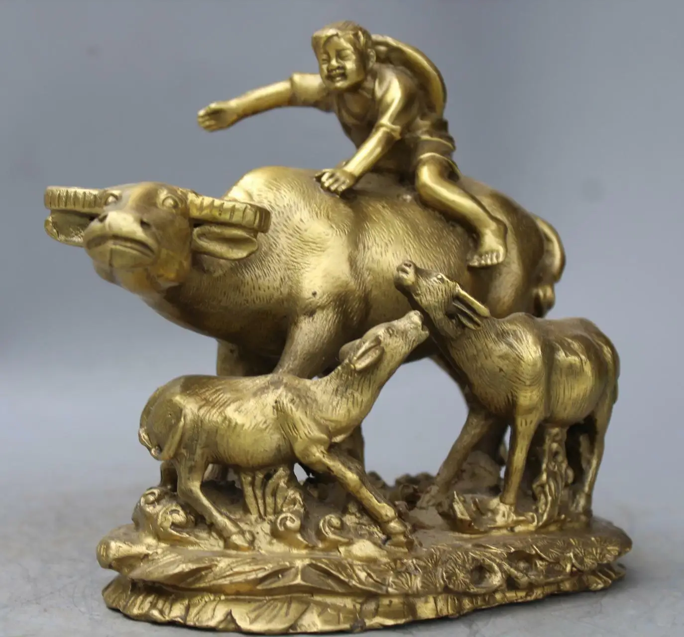 

Old China Fengshui brass Shepherd boy Ride Oxen bull Cattle Animal statue