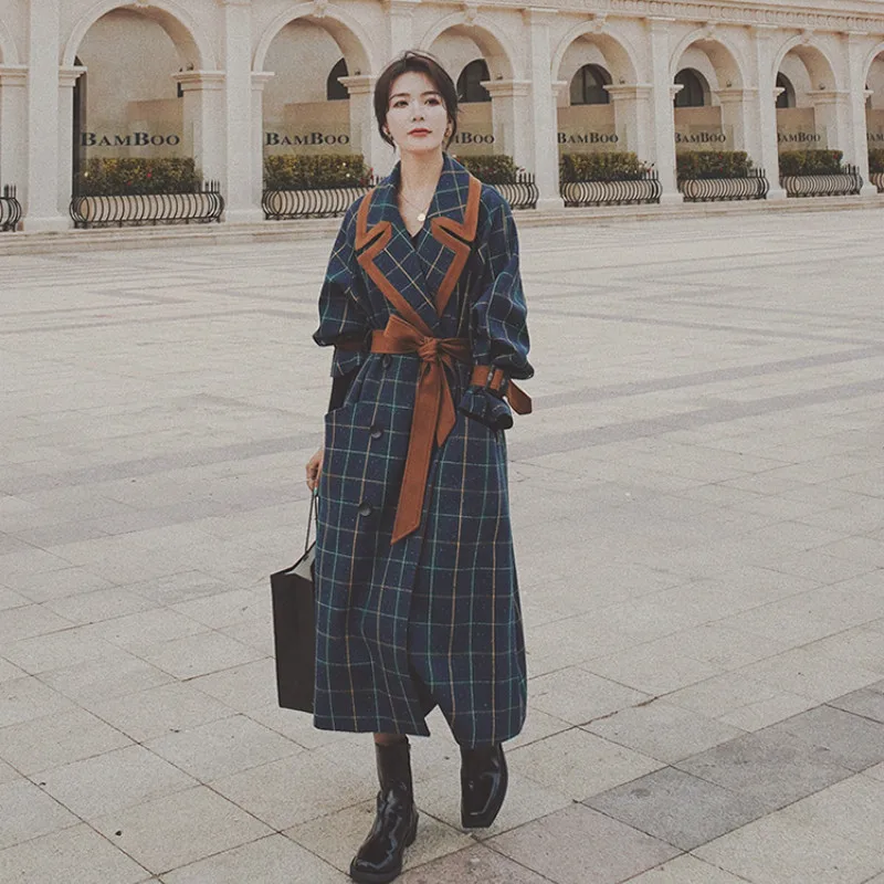 

Vintage Plaid Long Wool Coat Women Double Breasted Belted Splice Korean Elegant Blends Trench Jacket Overcoat Winter