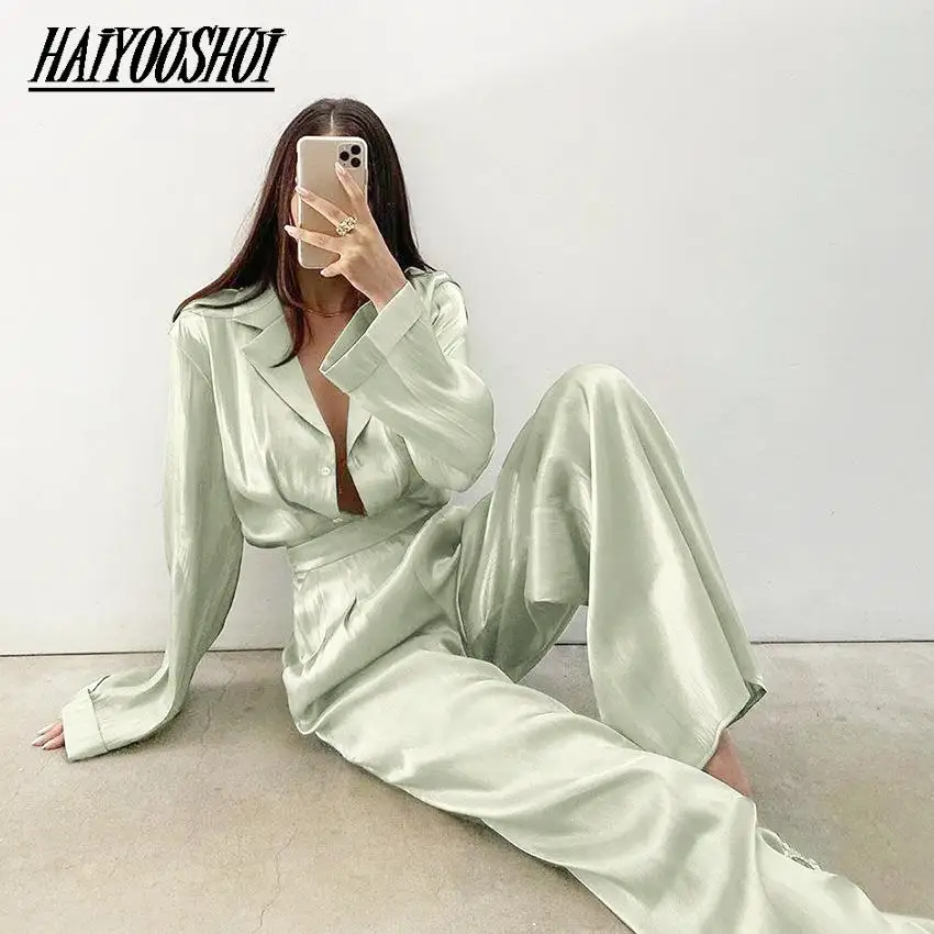 

Green Long Sleeves Blouse Women Shirt High Waist Wide Leg Pants Female Elegant Loose Two Pieces Set Trousers Women Casual