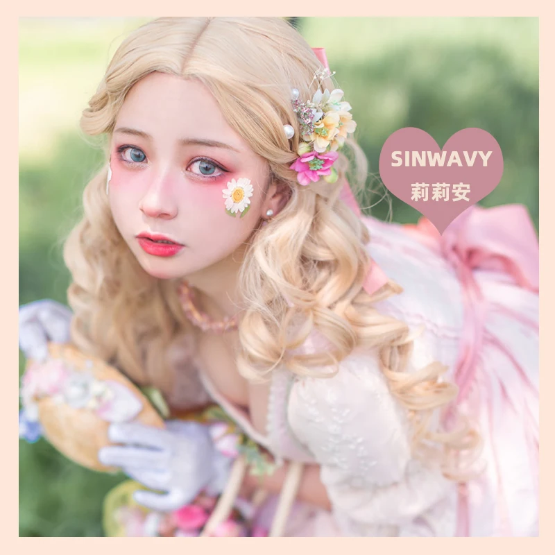 

Lolita Light Gold Synthetic Wig Middle Point Long Curls Hair Daily Anime Cosplay Wavy Hairpiece Heat Resistant Periwig Fashion