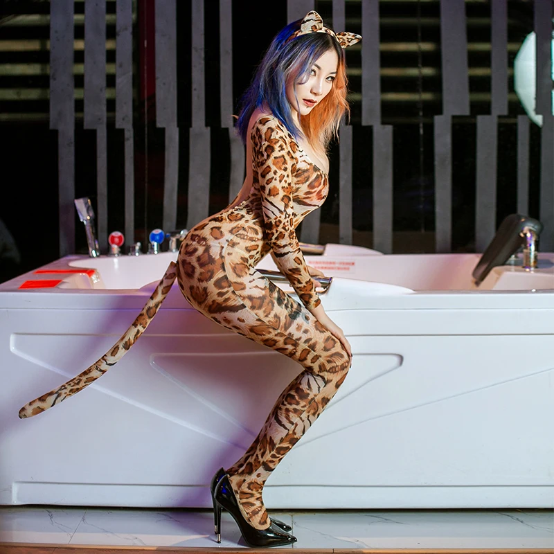 Sexy Open Crotch Leopard Jumpsuit Backless See Through Porn Party Lady Bodysuit Adult Sexual Fantasy Cosplay Temptation Bodysuit