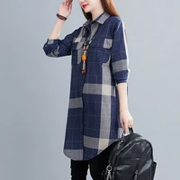 plaid shirt women plus size collared long shirt 100 cotton long sleeve spring autumn ladies top clothes oversized casual 2020