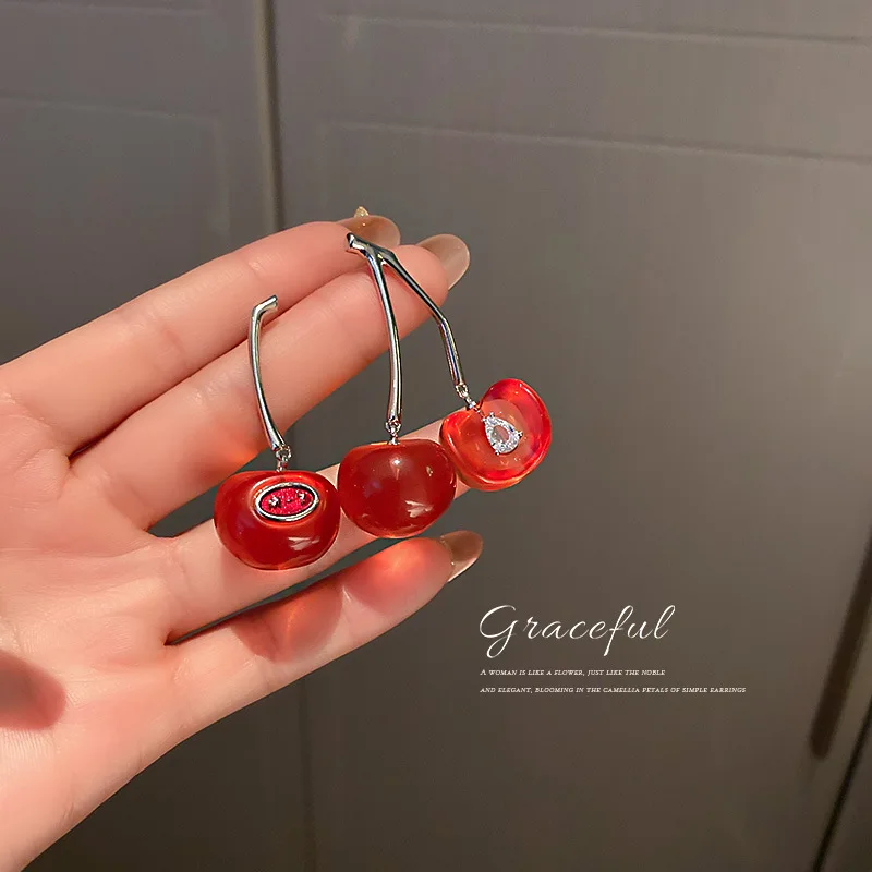 

Asymmetry Red Cherry Earrings Wholesale Romantic Date Jewelry Fashion Women's Accessories