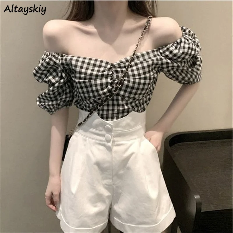 

Women Sets Plaid Short Puff Sleeve Shirts Sexy Shirring Button High Waist Shorts Elegant Korean Style 2 Pcs Chic Summer Female