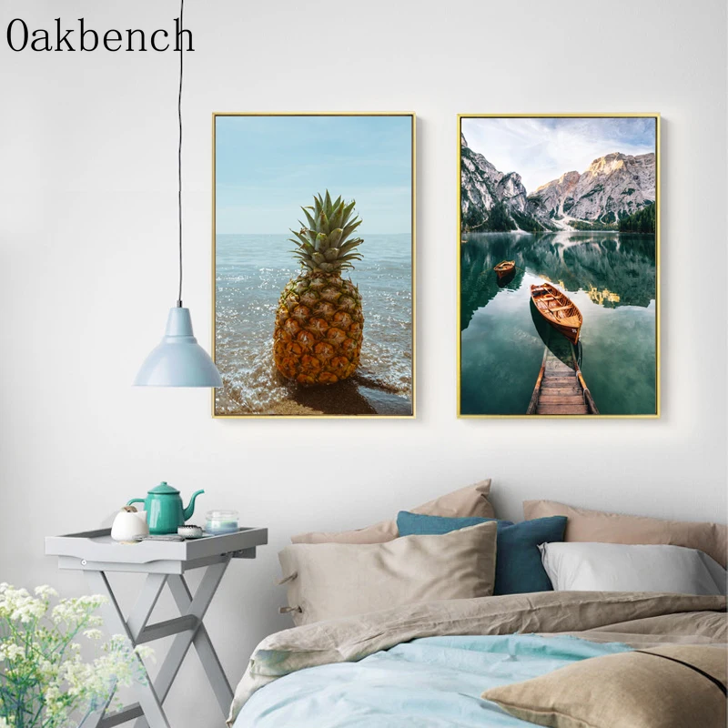 Пейзаж Постер лодки картины ананас холст принт зеленые горы постеры и принты