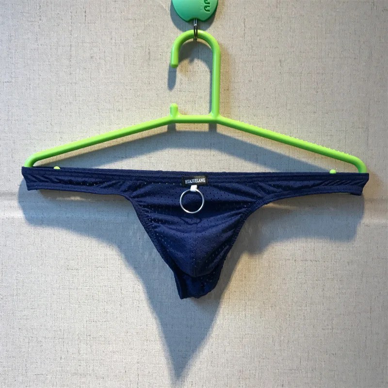 Мужские трусы стринги с низкой посадкой черные дышащие сетчатыми вставками