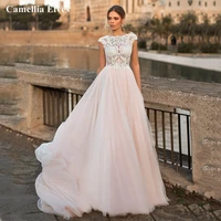elegant cap sleeve wedding dress pink lining tulle lace bride dresses a line sexy illusion back bridal gown vestidos de novia