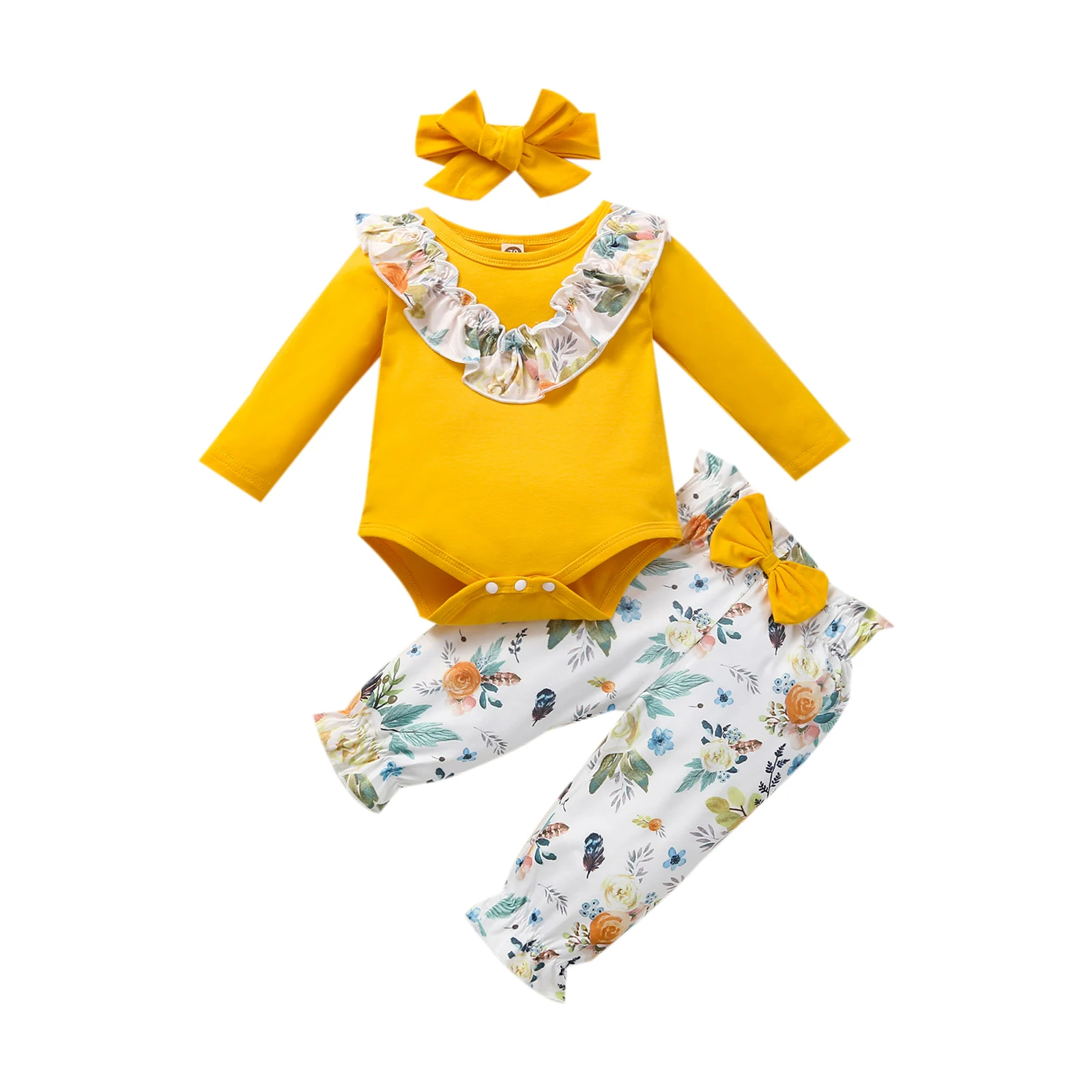 

Newborn Baby Girl Outfit Tops and Trousers Suit Fresh Stitching Long Sleeve Romper and Flower Long Pants with Headband