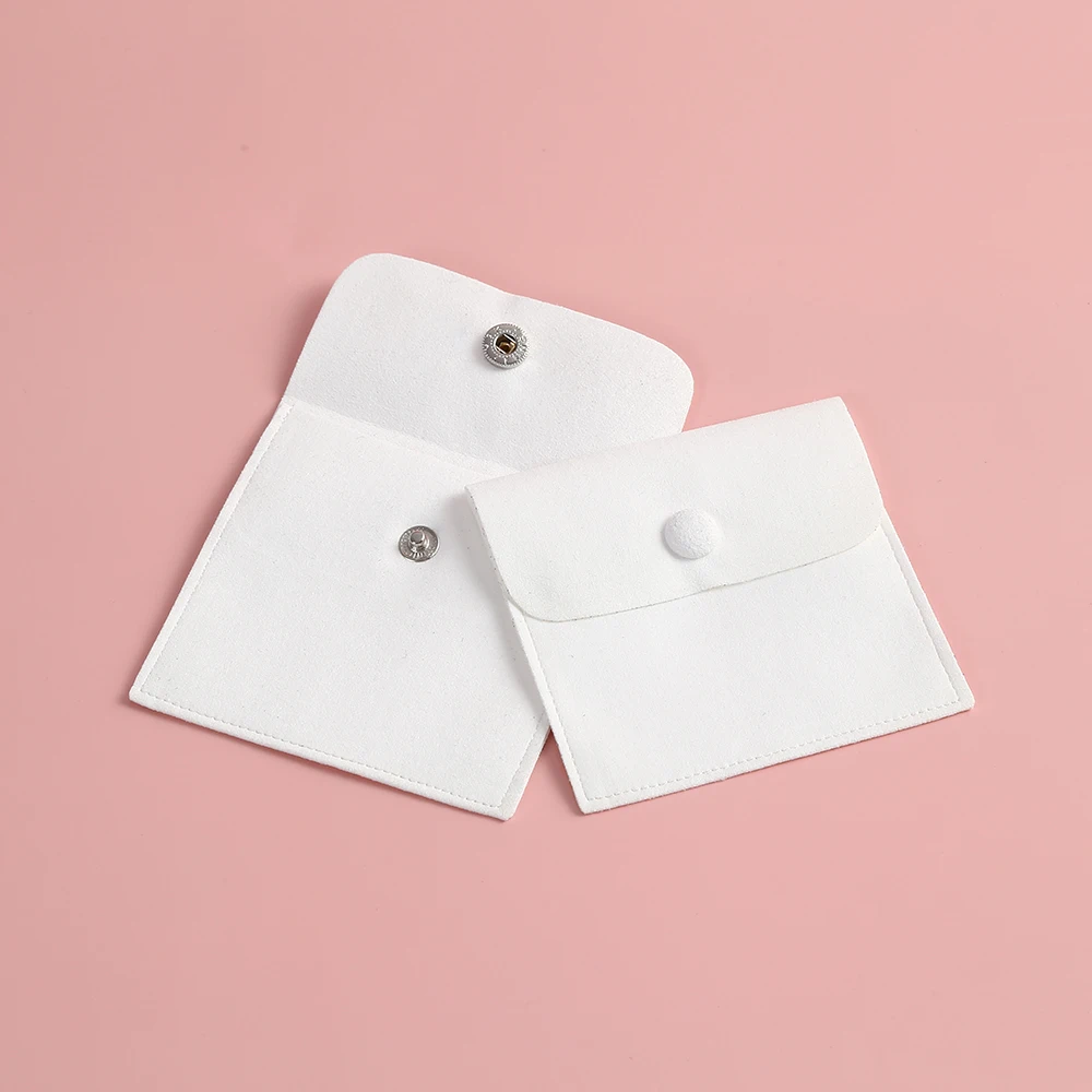 20 White Microfiber Jewelry Pouch Small Snap Button Bags Custom Any Size Earrings Brooch Ring Gift Bag Packaging Pouch Wholesale