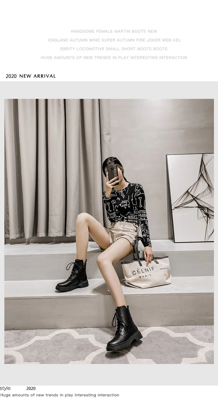 

new versatile Leather boots women British style autumn winter 2020 side zipper thick heel short boots ins fashion