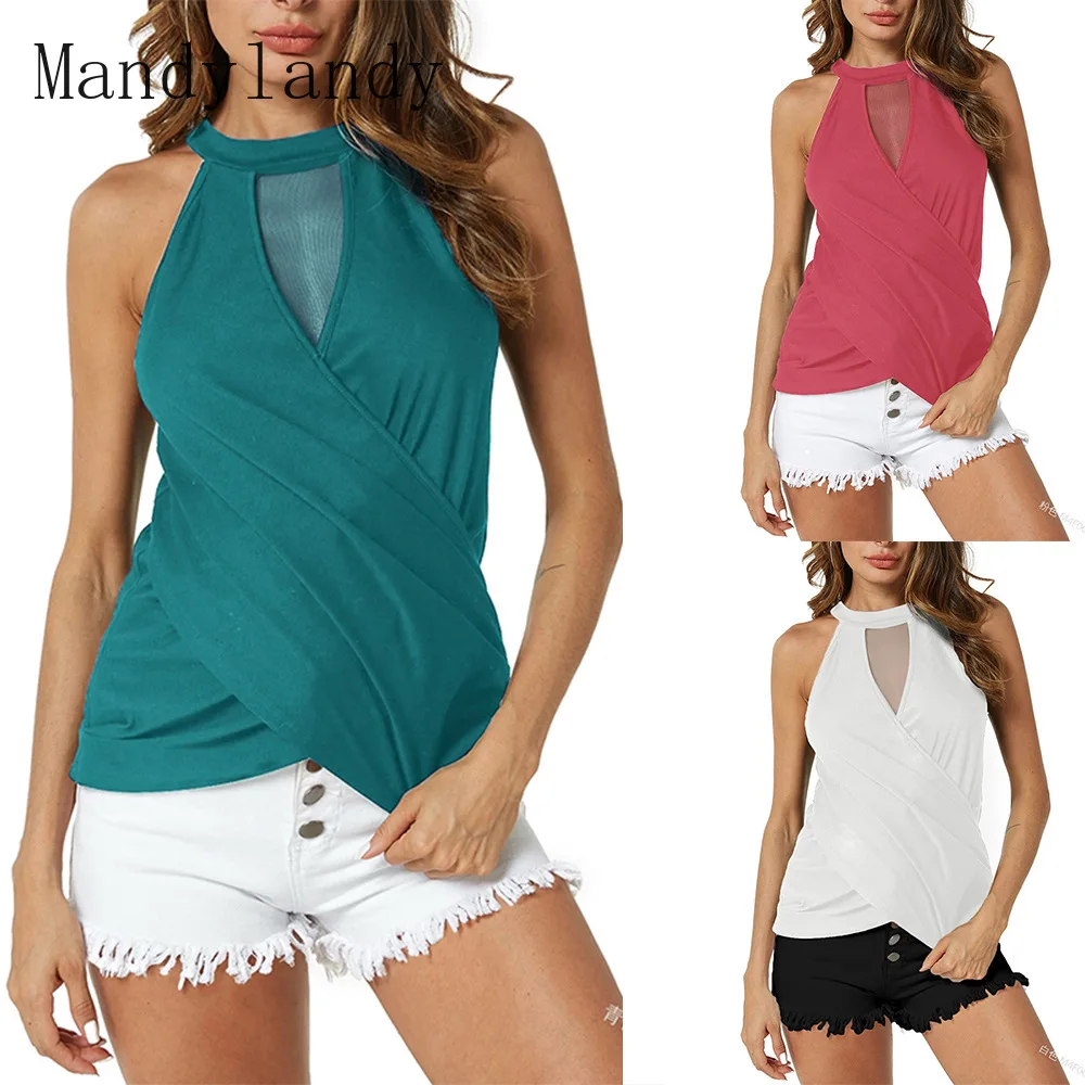 

Mandylandy Women Elegant Summer Ruched Shirt Top Ladies Sexy Sleeveless Halter Solid Color Slim Fit T-shirt