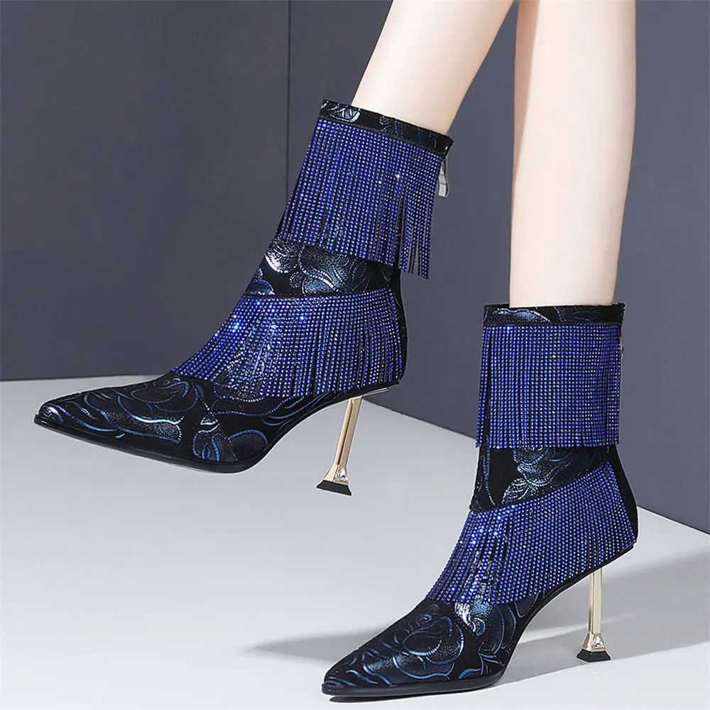

Shiny Rhinestones Fringe Wedding Party Shoes Women Genuine Leather High Heel Pumps Shoes Female High Top Pointed Toe Ankle Boots