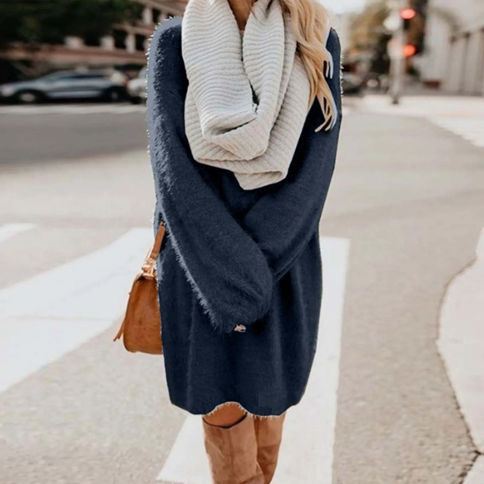 

Knitted dress New Elegant Fashion O Neck Turtleneck Women's Dress Causal Loose Solid Plush Long Sleeve Ladies soft Plus Size