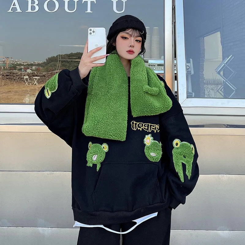 Свитшот Harajpoo женский с вышивкой лягушка плюс вельветовый зимний Корейский Instagram
