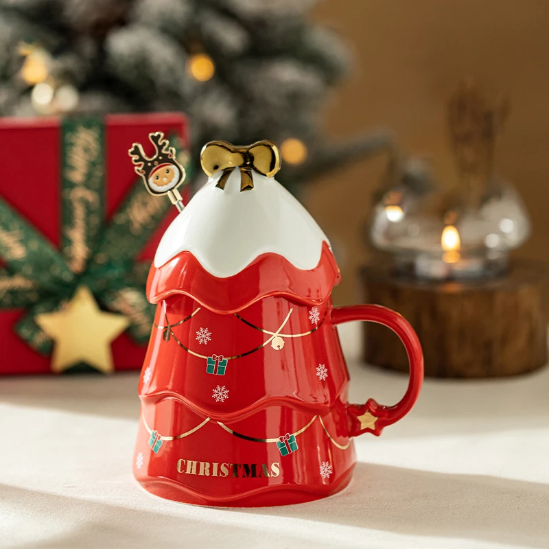 

Creative Ceramic Christmas Mug With Bowknot Lid Free Stir Spoon Household Milk Coffee Cup
