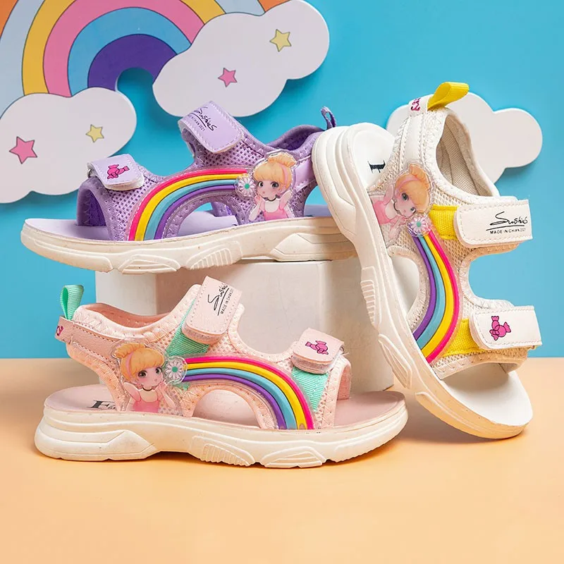 

New Summer Fashion Style Girls Comfort Colorful Rainbow Princess Sandals Flat Shoes