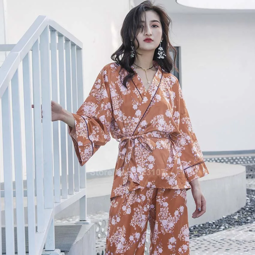 Пижамный комплект женский с V образным вырезом юката в японском стиле цветочным