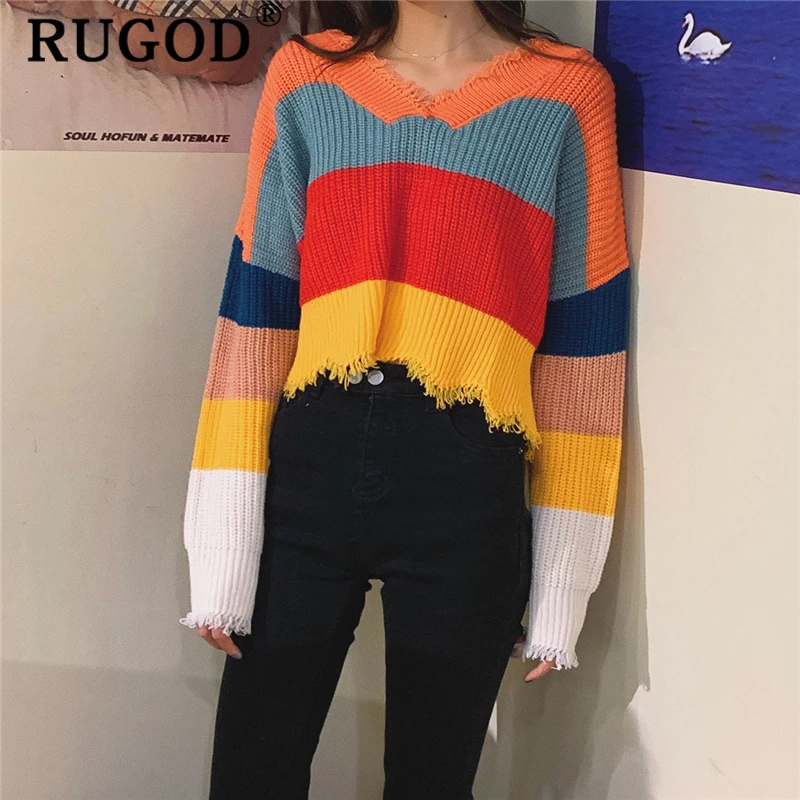 RUGOD элегантный цветной вязаный женский свитер корейский шик длинный рукав