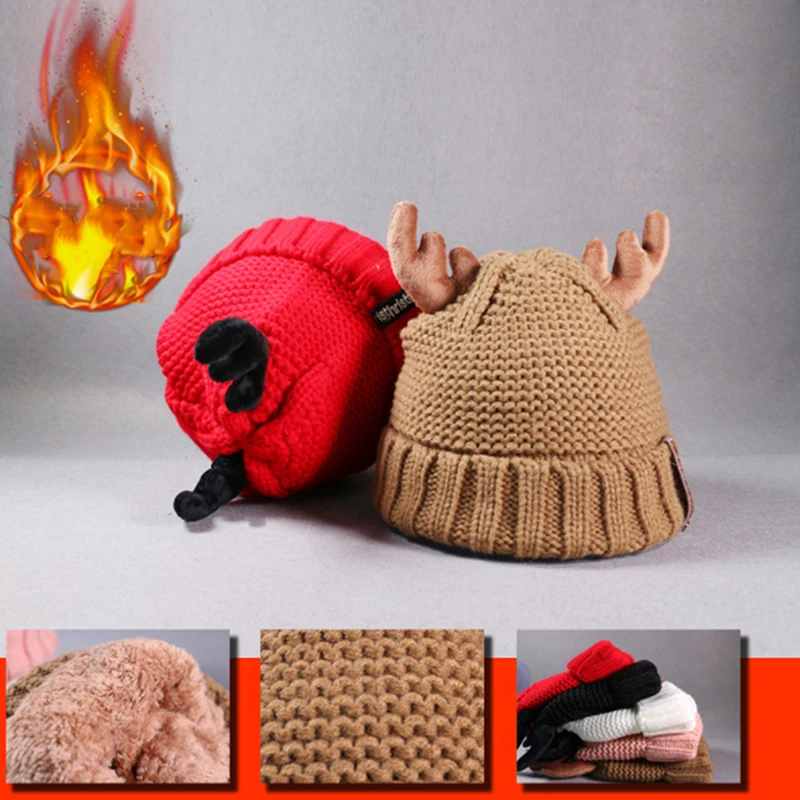 

Cute Deer Elk Antlers Hat Winter Warm Plush Knitted Ear Warmer Children Hat Bonnet Boys Girls Cap Beanie Christmas Hats