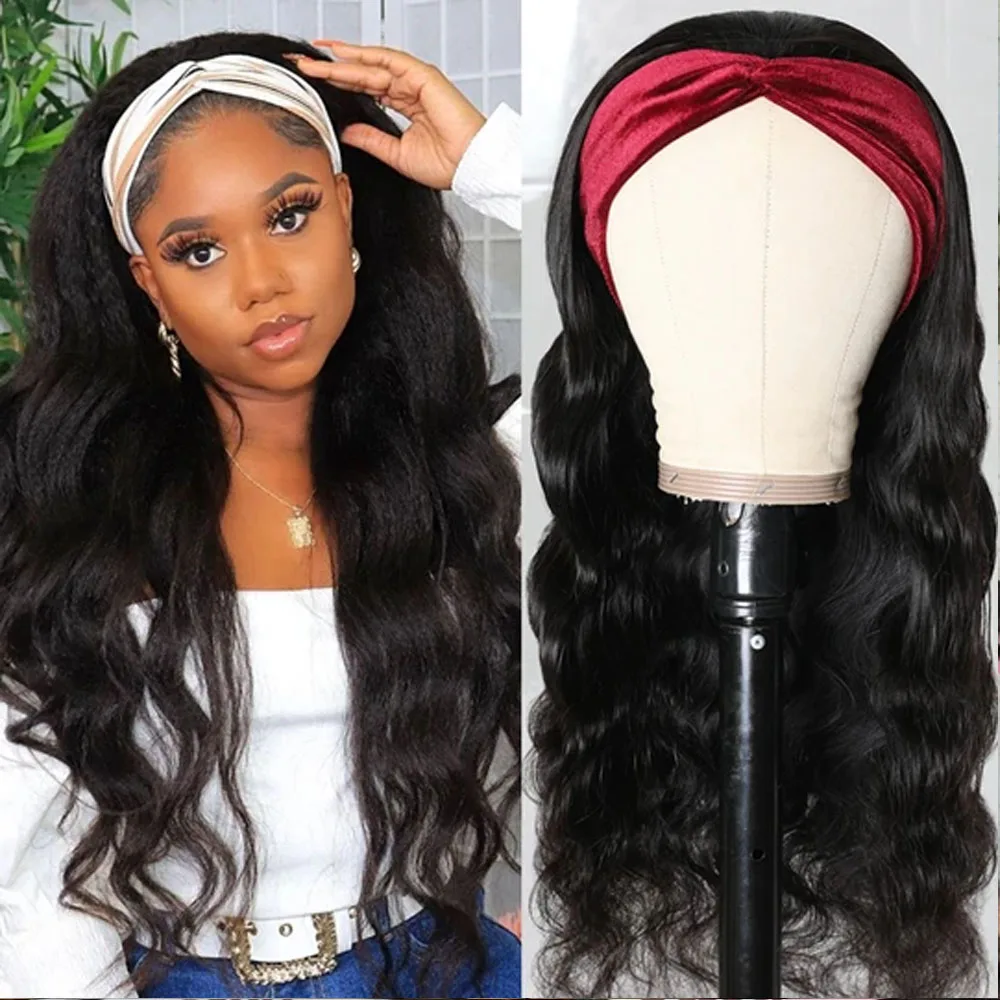 30 inch Body Wave Headband Wig Human Hair Wig Malaysian Wavy Hair Scarf Wig Full Machine Made Wig For Black Women 180 Density