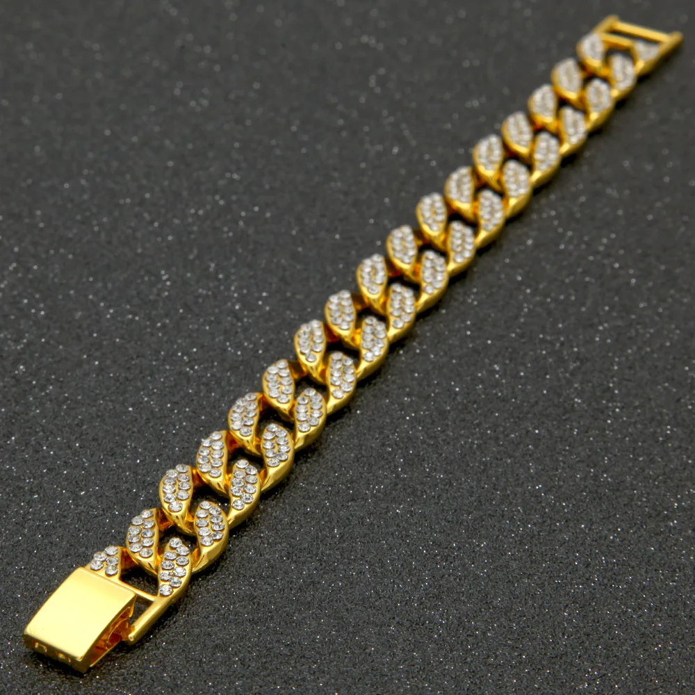 

15mm Men Hip hop Iced Out Bling Full Rhinstones Gold Color Chain Necklace Miami Cuban Chain Necklaces Bracelet Hiphop Jewelry