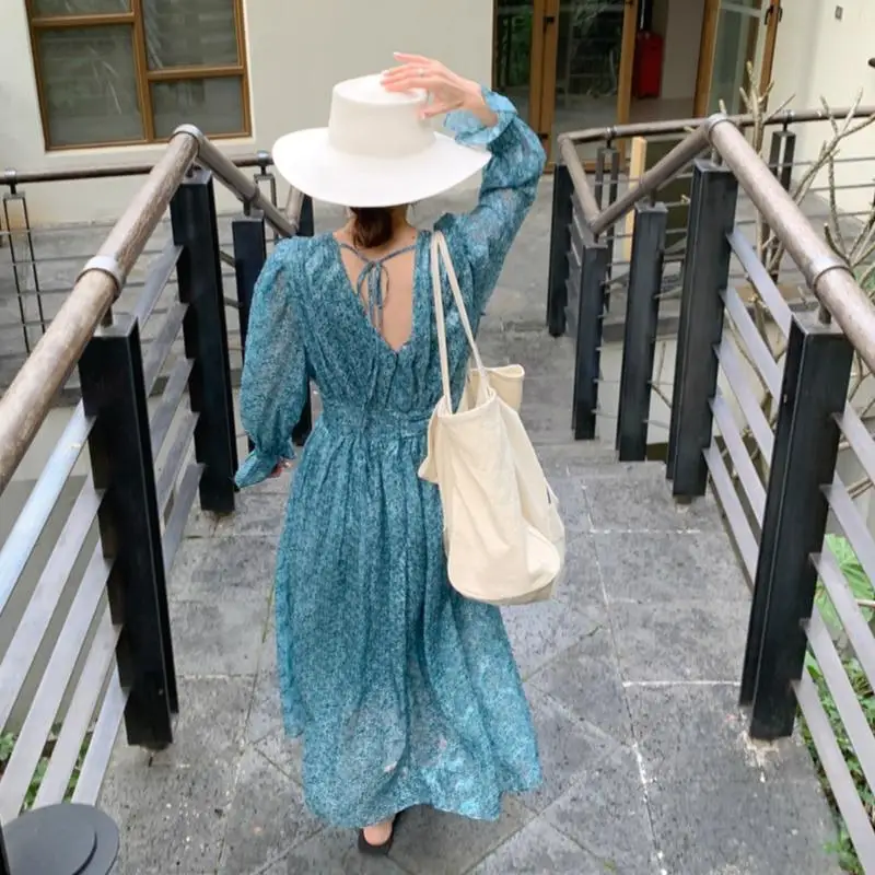 

Blue Chiffon Floar Print Dress Women Summer Spring Korean Blackless Beach Dress Boho Robe Femme Casual Bohemia Dresses 2021